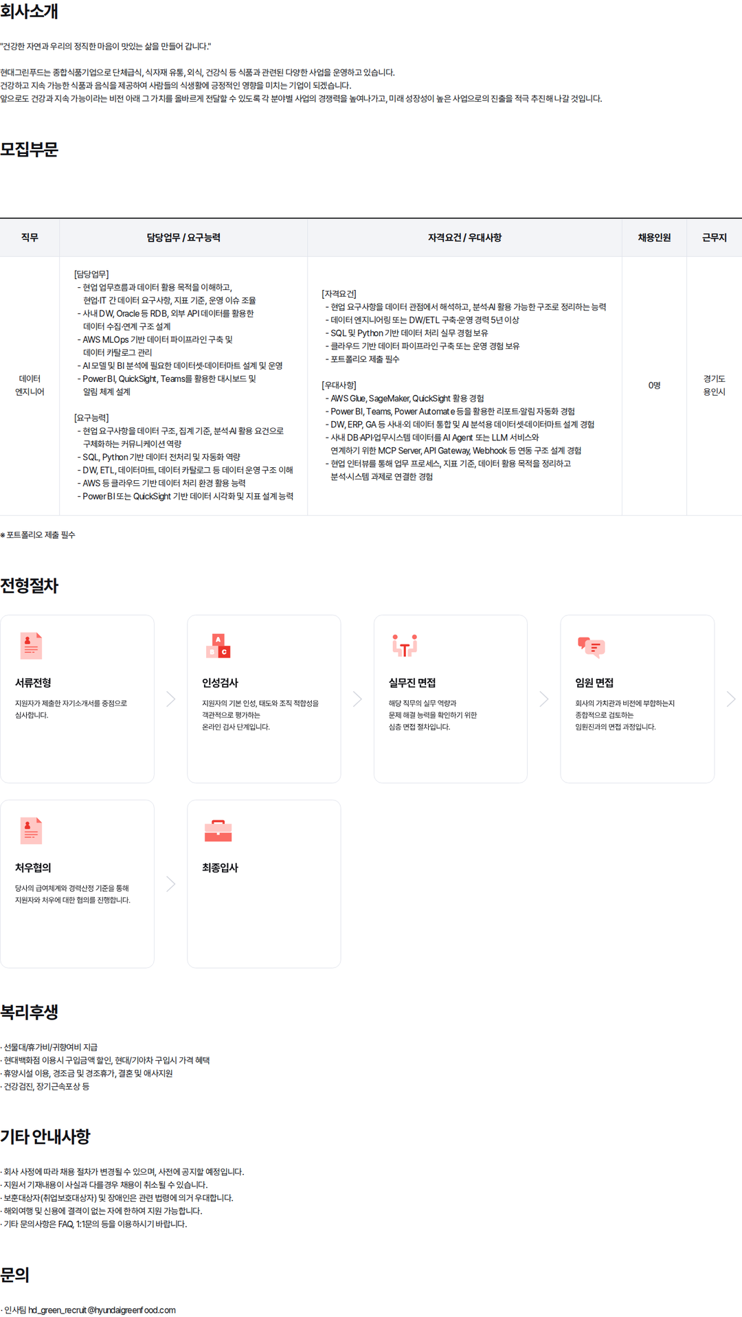 현대백화점 현대그린푸드 데이터 엔지니어 경력사원 채용 채용공고