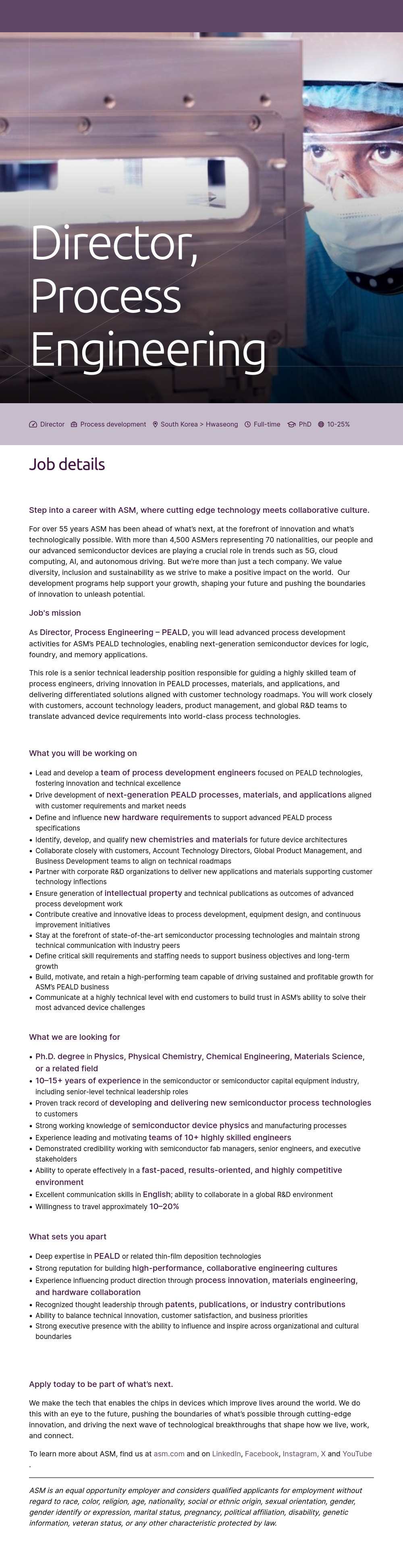 ASM Director, Process Engineering - PEALD 채용공고