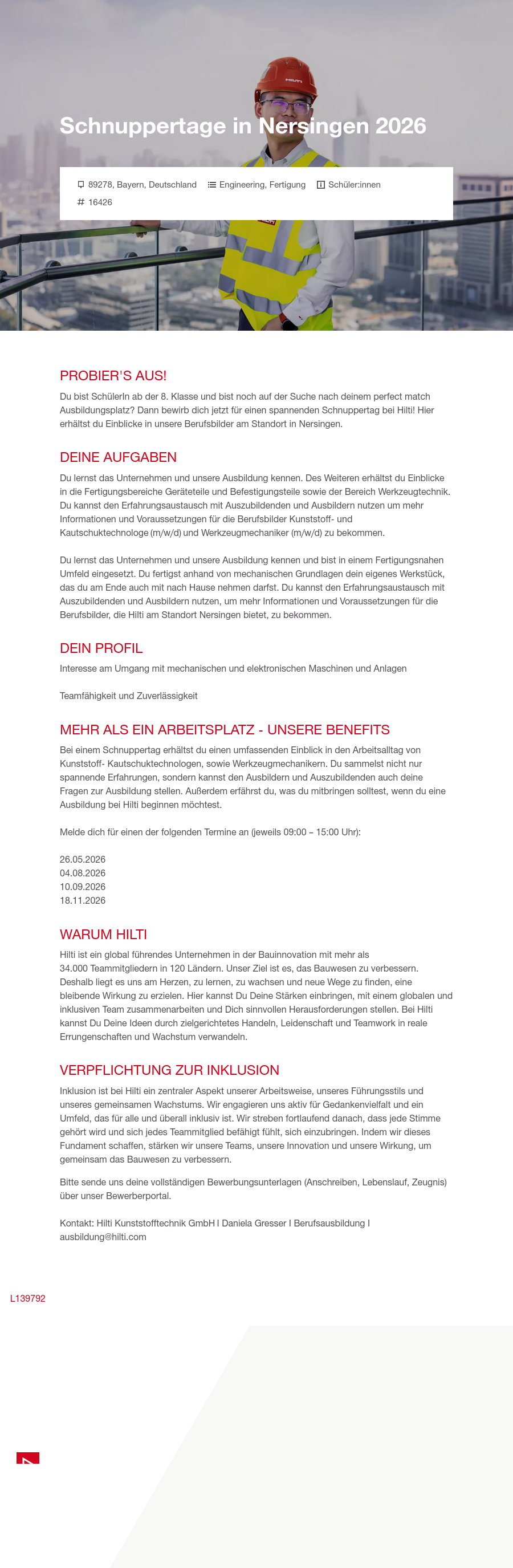 힐티 Schnuppertage in Nersingen 2026 채용공고