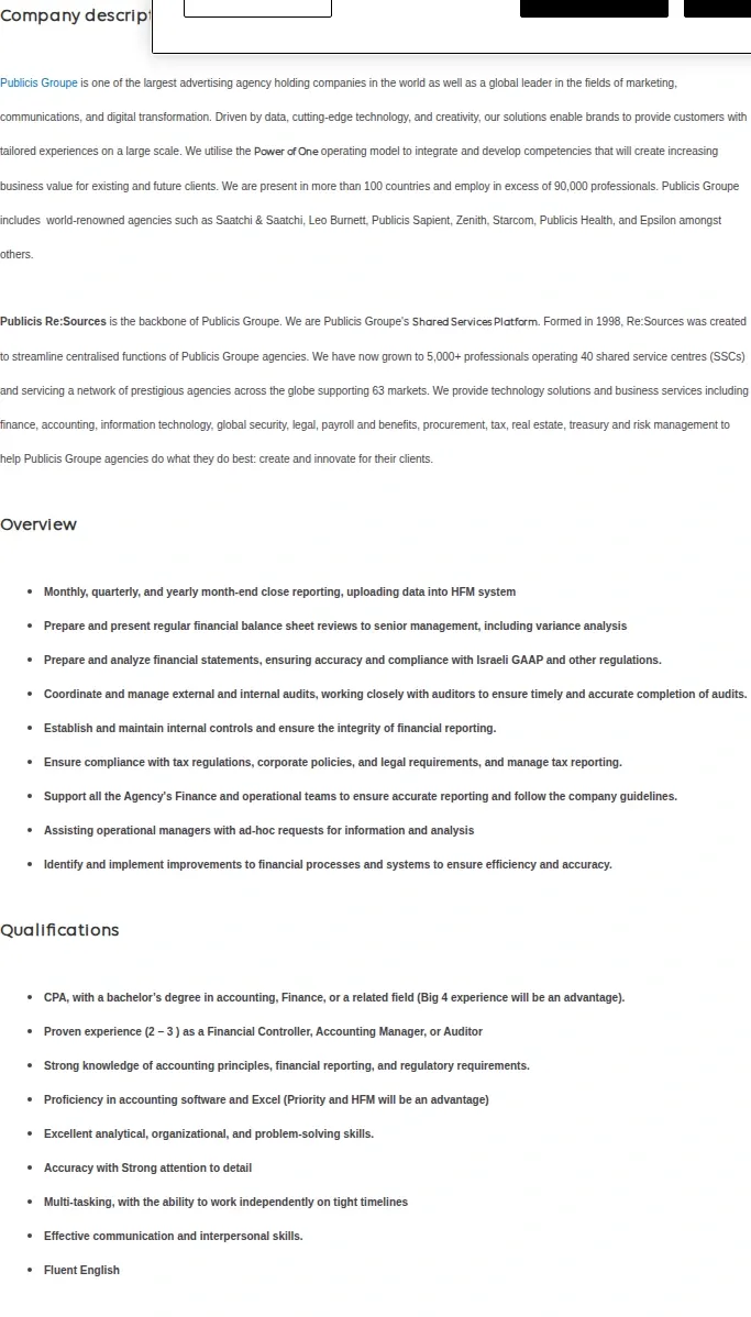 Publicis Groupe Finance Controller, Publicis Re:Sources Israel 채용공고