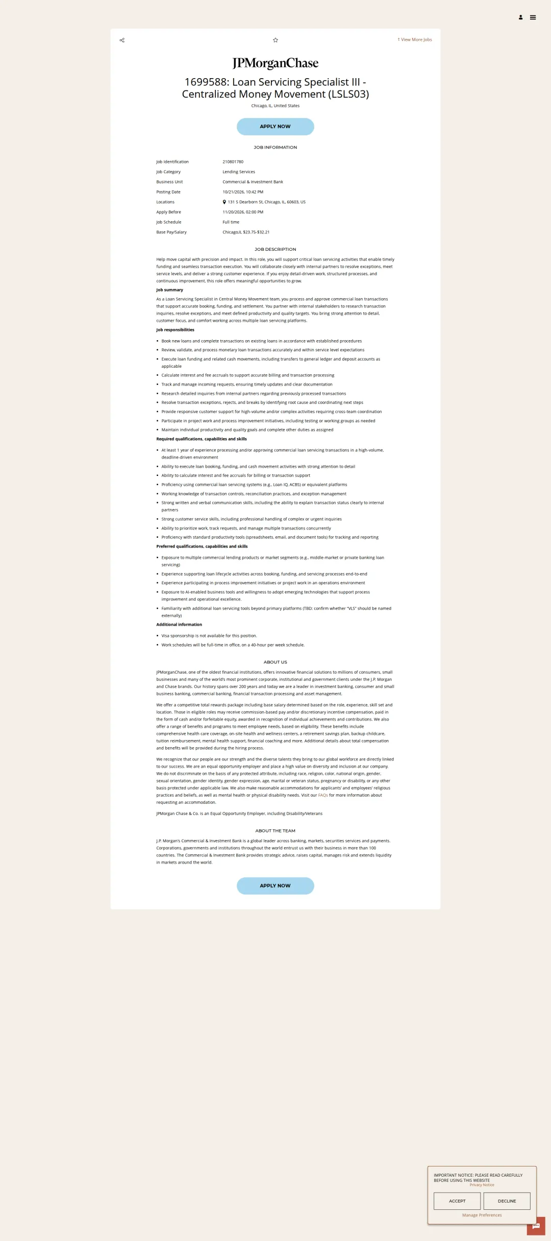 JPMorganChase 1699588: Loan Servicing Specialist III - Centralized Money Movement (LSLS03) 채용공고