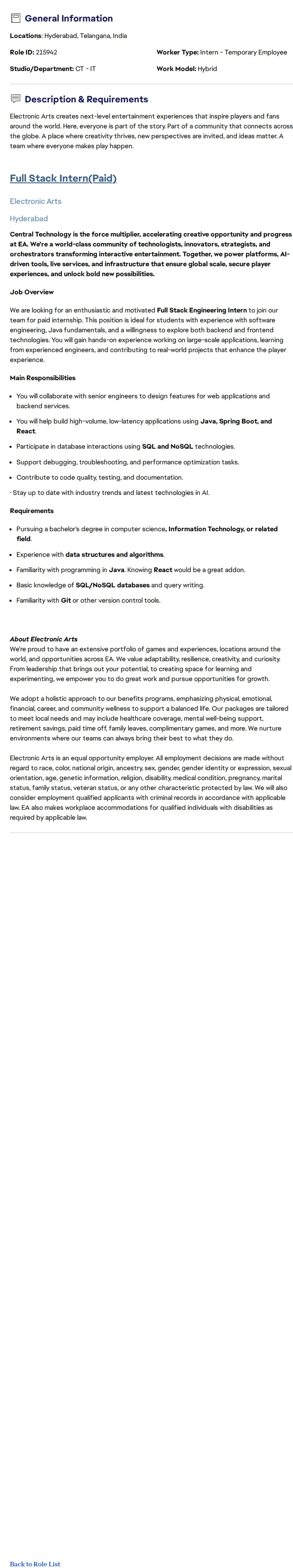 ElectronicArts Java Full Stack Intern 채용공고
