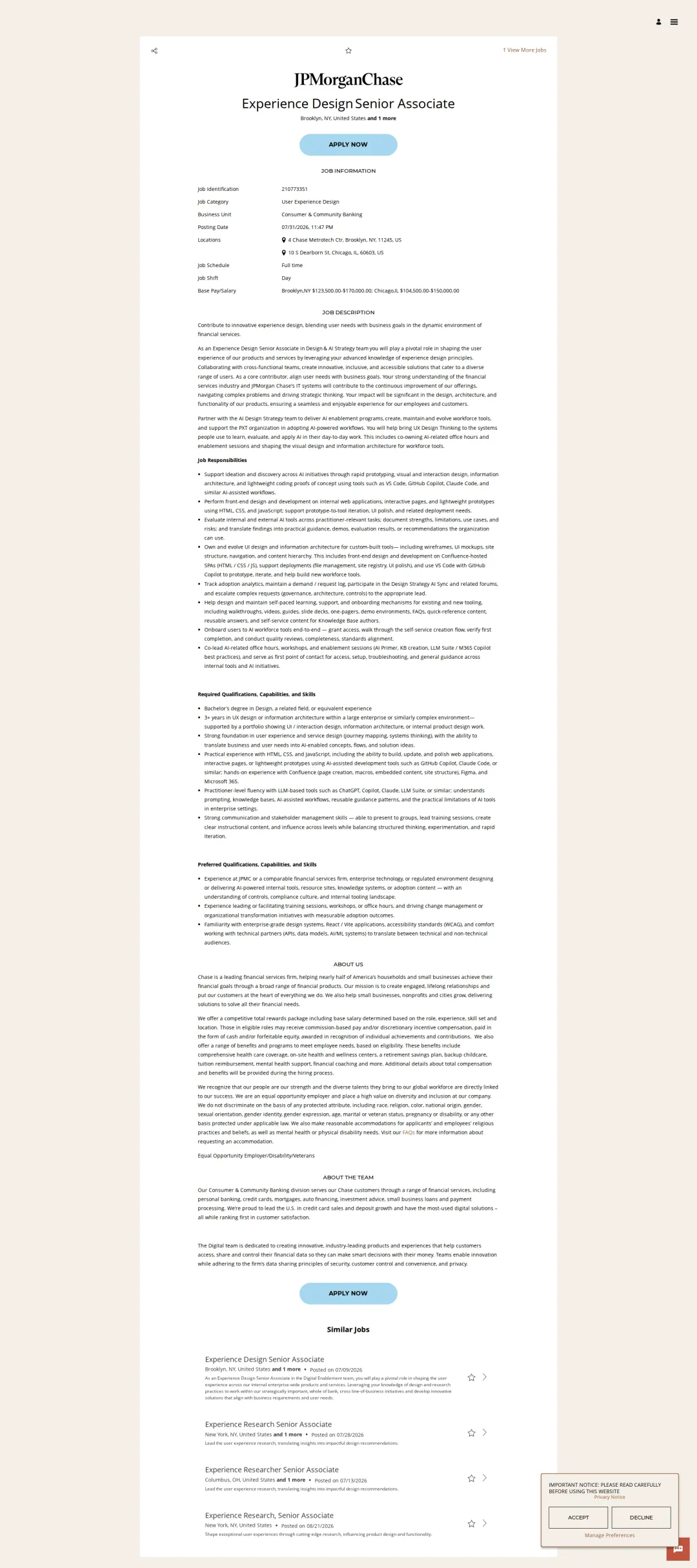 JPMorganChase Experience Design Senior Associate 채용공고
