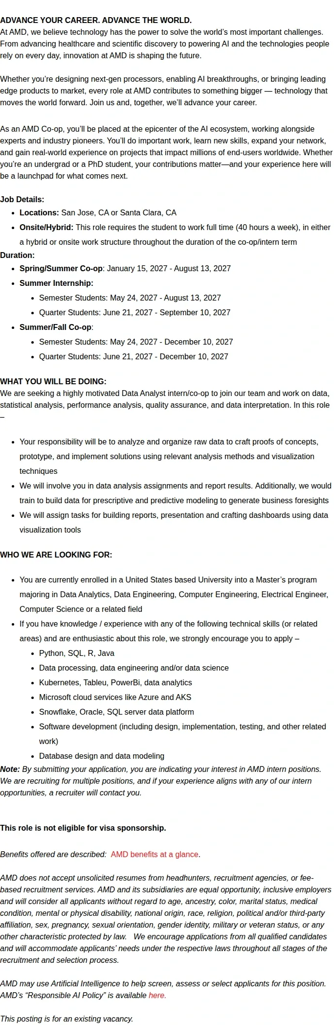 AMD 2027 Masters Data Analyst Intern/co-op 채용공고