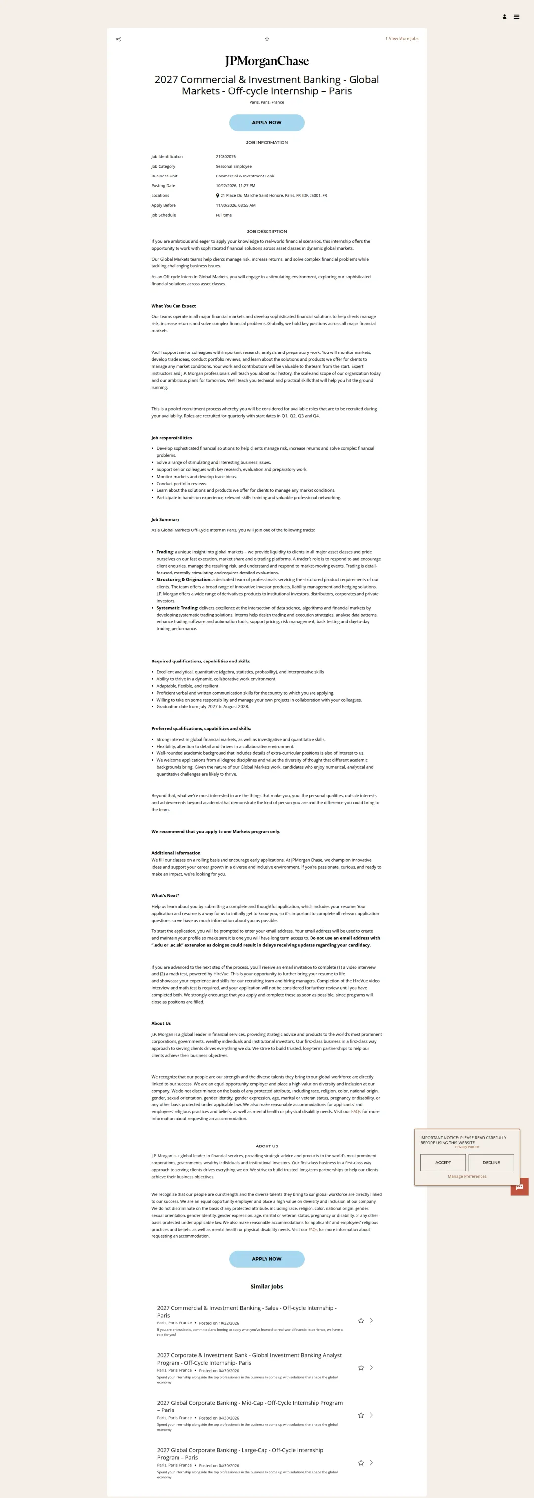 JPMorganChase 2027 Commercial & Investment Banking - Global Markets - Off-cycle Internship – Paris 채용공고