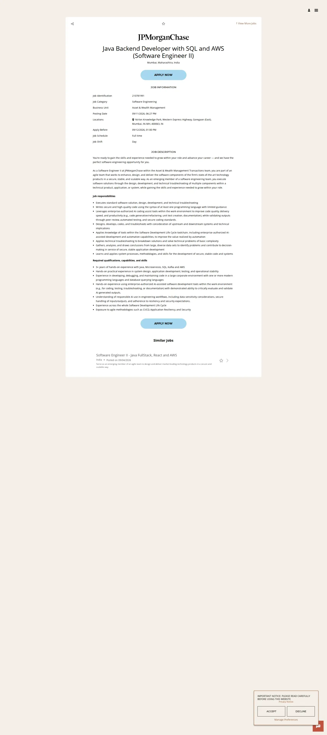 JPMorganChase Java Backend Developer with SQL and AWS (Software Engineer II) 채용공고