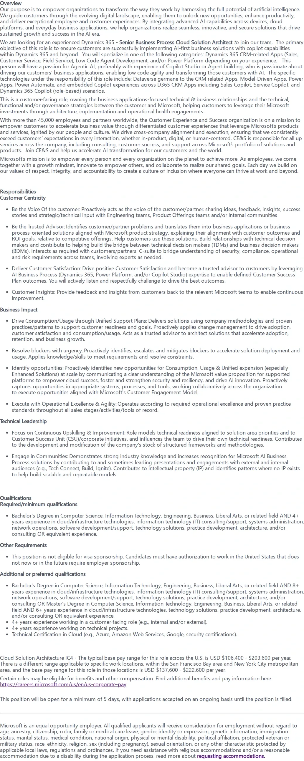 마이크로소프트(Microsoft) Senior Business Process Cloud Solution Architect 채용공고