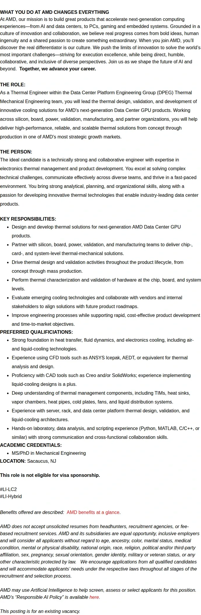 AMD Senior Thermal Design Engineer 채용공고