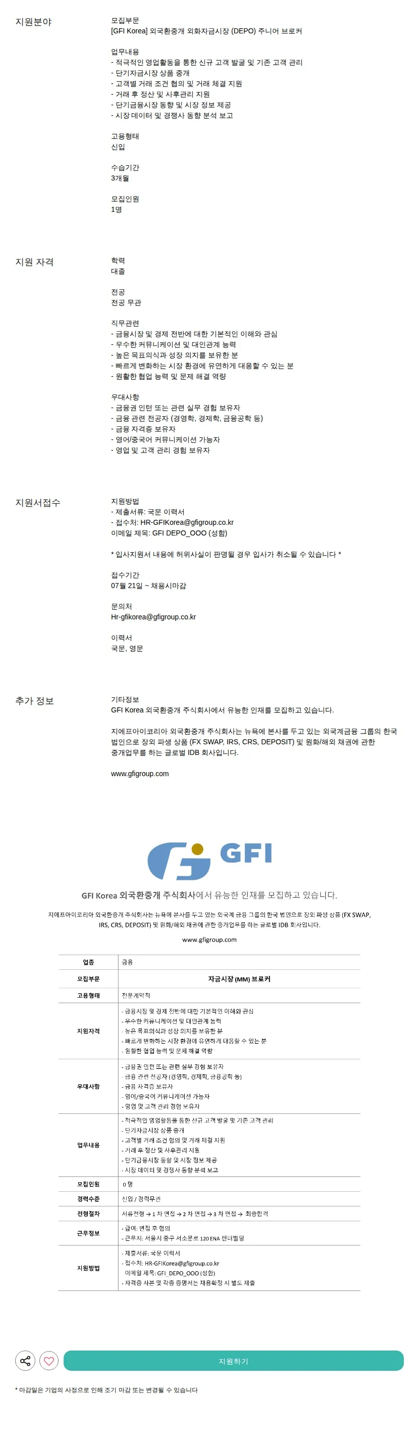 지에프아이코리아외국환중개 주니어 브로커 채용공고