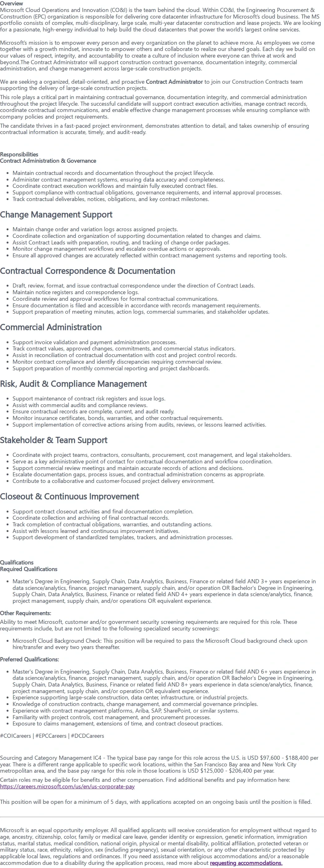 마이크로소프트(Microsoft) Contract Administrator 채용공고