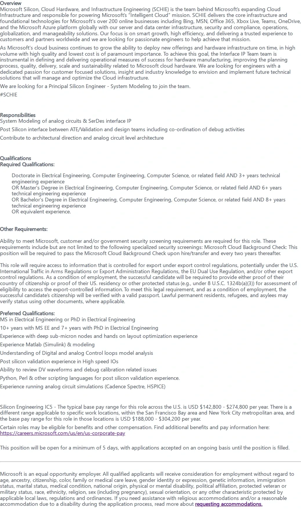 마이크로소프트(Microsoft) Principal Silicon Engineer - System Modeling 채용공고