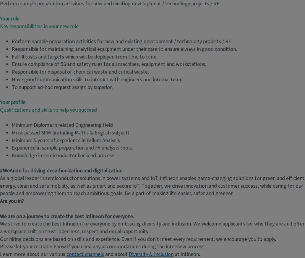 인피니언테크놀로지스코리아 Assistant Engineer Quality Management 채용공고
