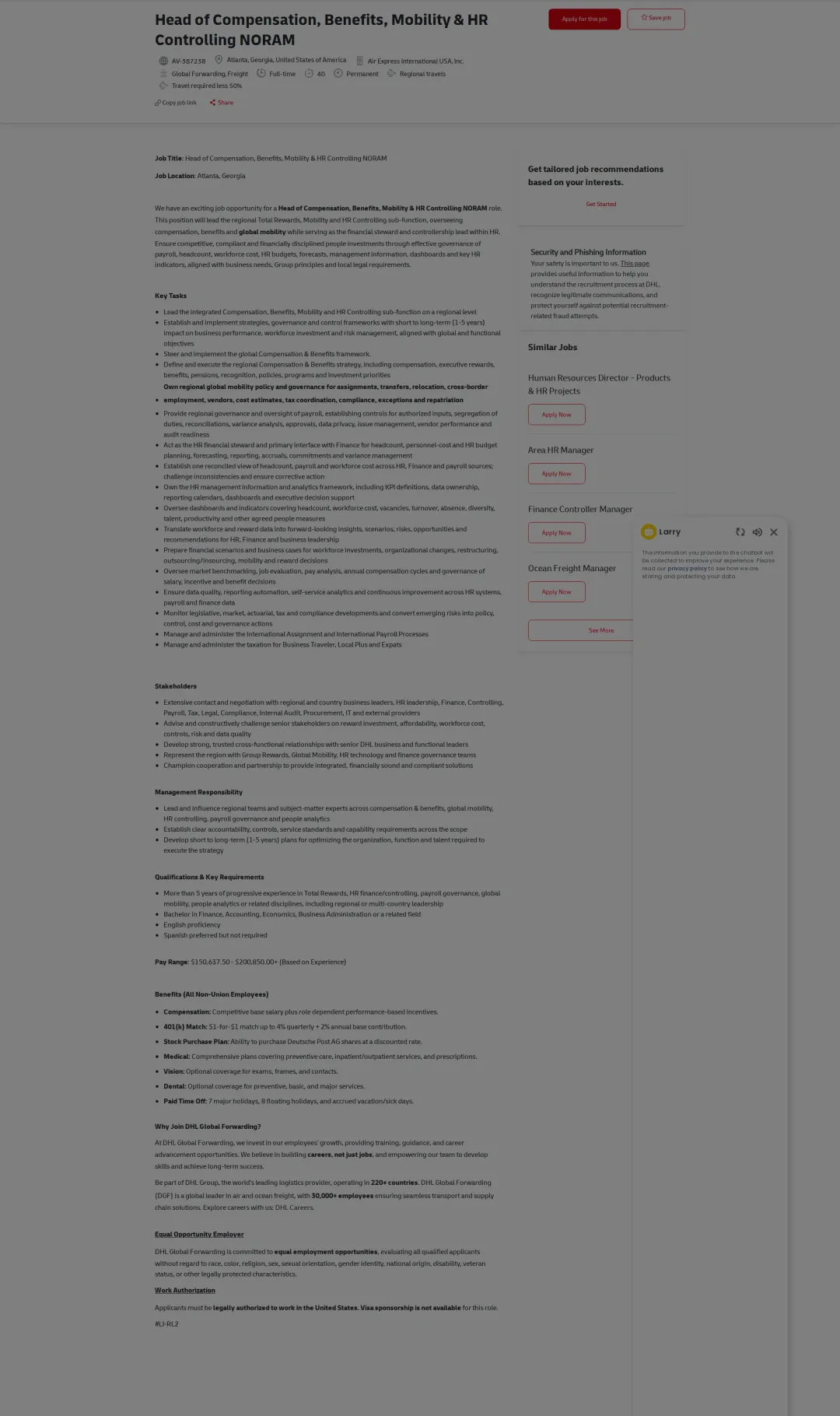 DHL Head of Compensation, Benefits, Mobility & HR Controlling NORAM 채용공고