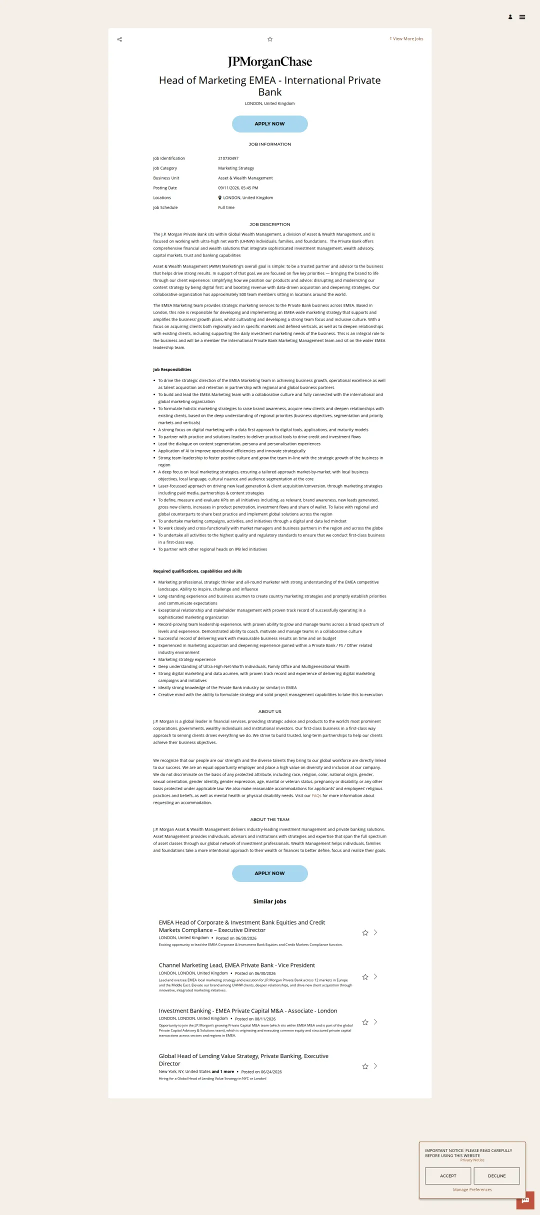 JPMorganChase Head of Marketing EMEA - International Private Bank 채용공고
