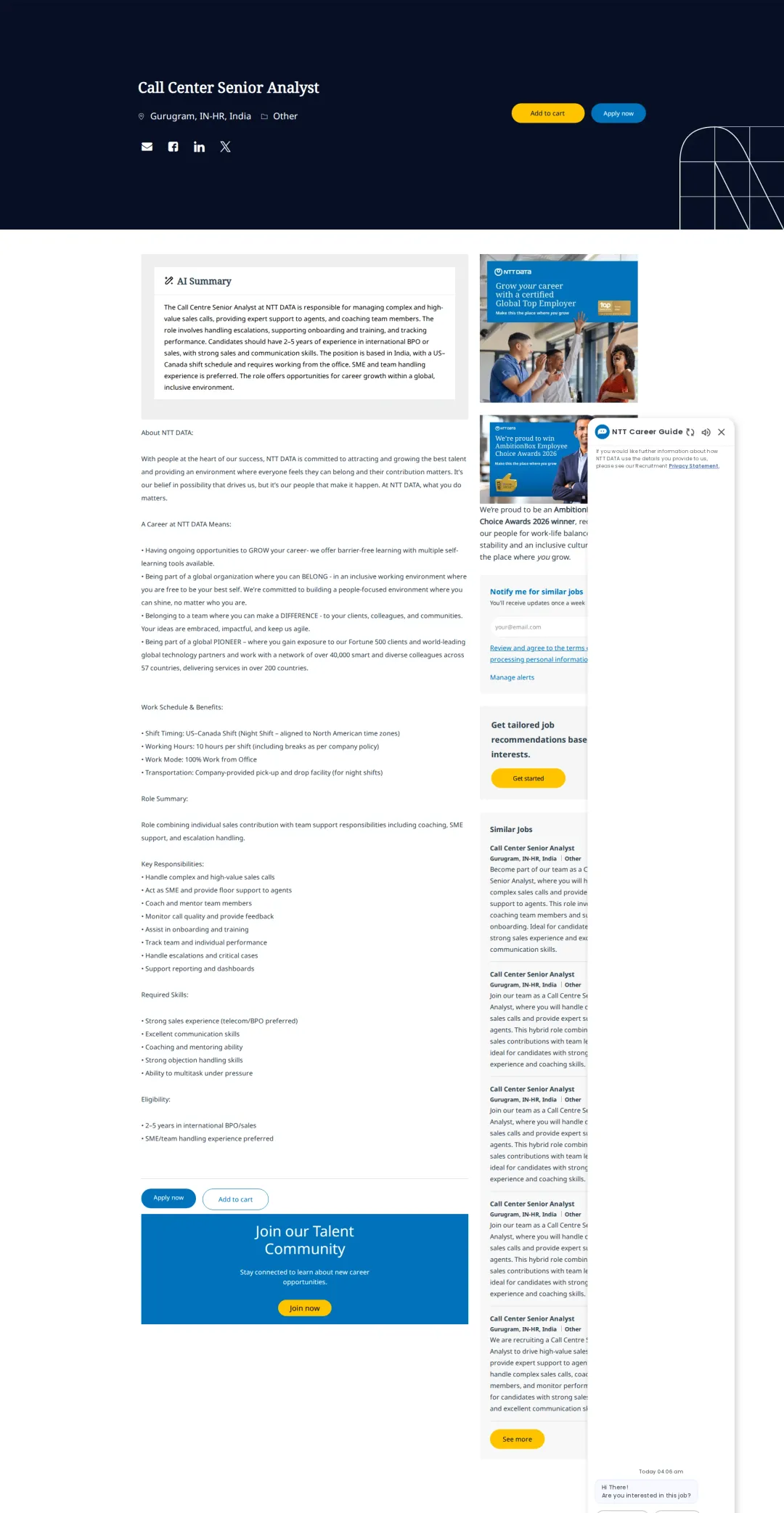 NTT데이터 Call Center Senior Analyst 채용공고