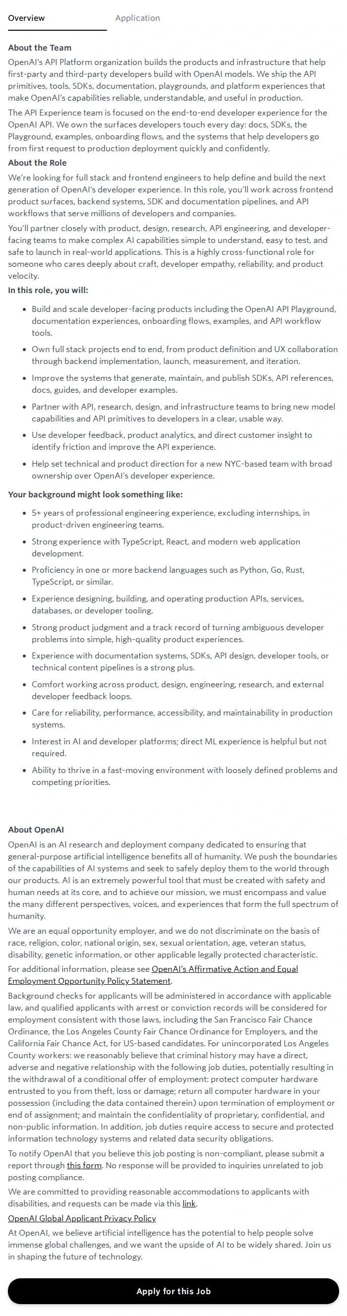 오픈에이아이(OpenAI) Full Stack Software Engineer, API Experience 채용공고
