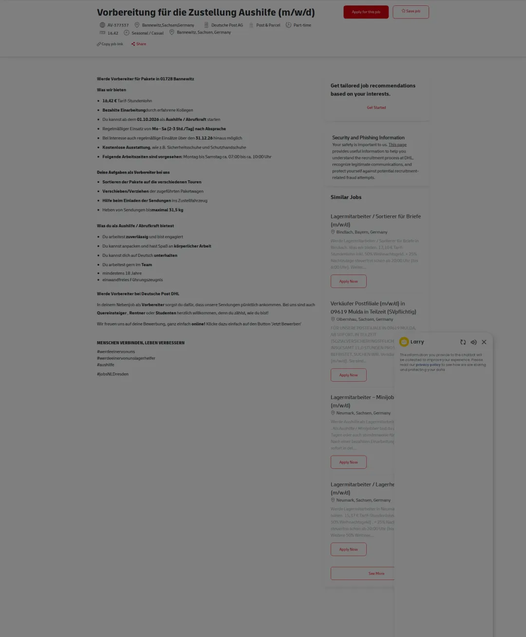 DHL Vorbereitung für die Zustellung Aushilfe (m/w/d) 채용공고
