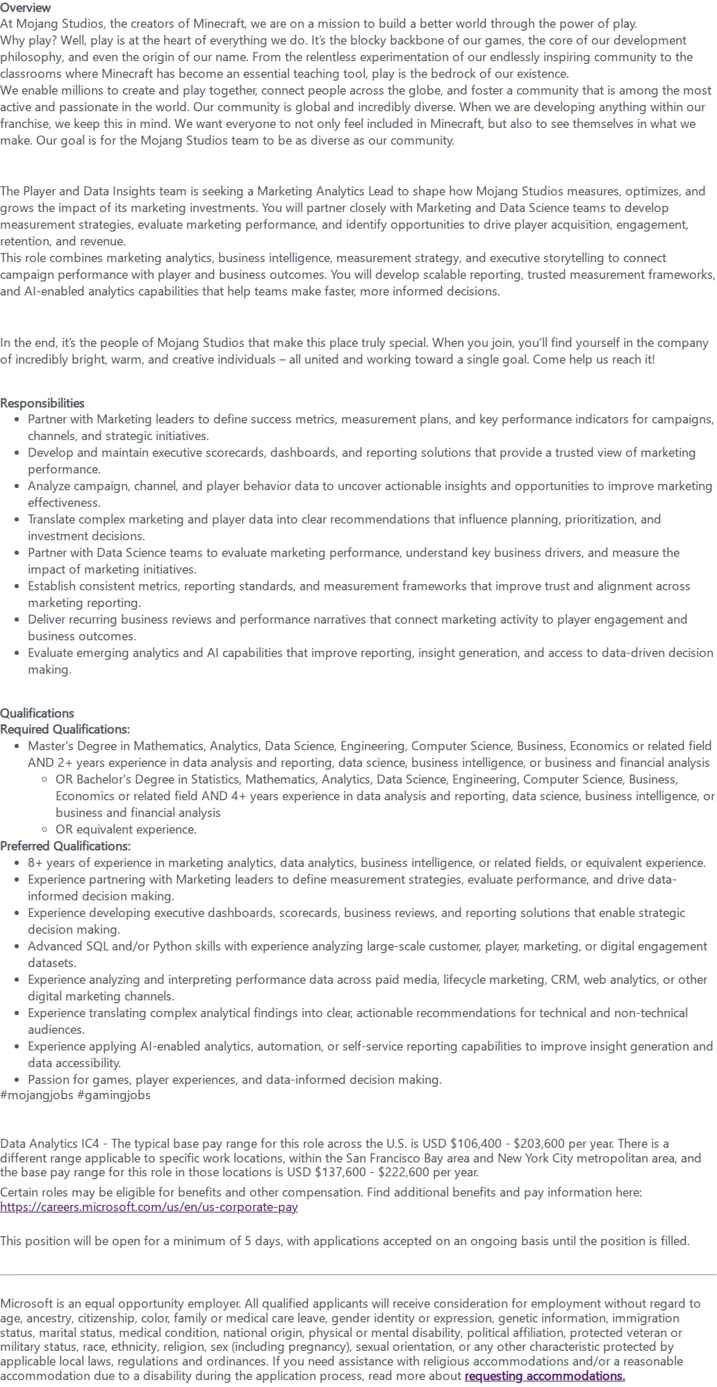 마이크로소프트(Microsoft) Senior Marketing Analytics Lead - Minecraft 채용공고