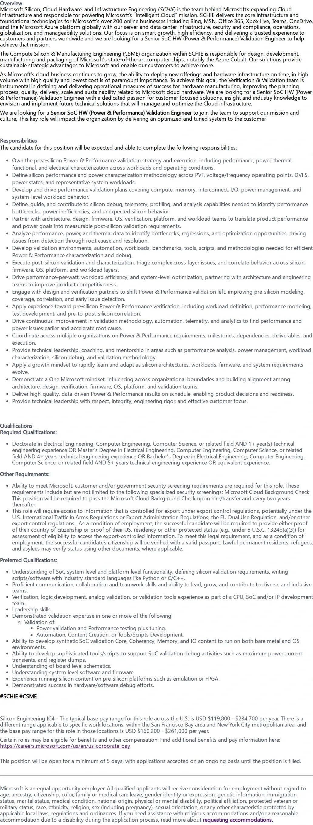 마이크로소프트(Microsoft) Senior SoC HW (Power & Performance) Validation Engineer 채용공고