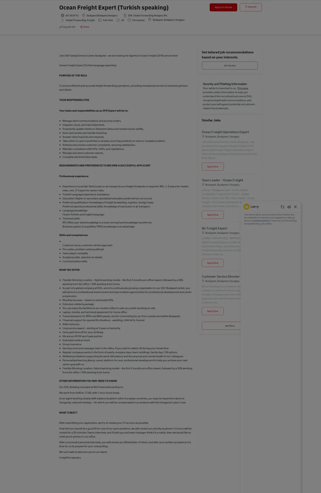 DHL Ocean Freight Expert (Turkish speaking) 채용공고