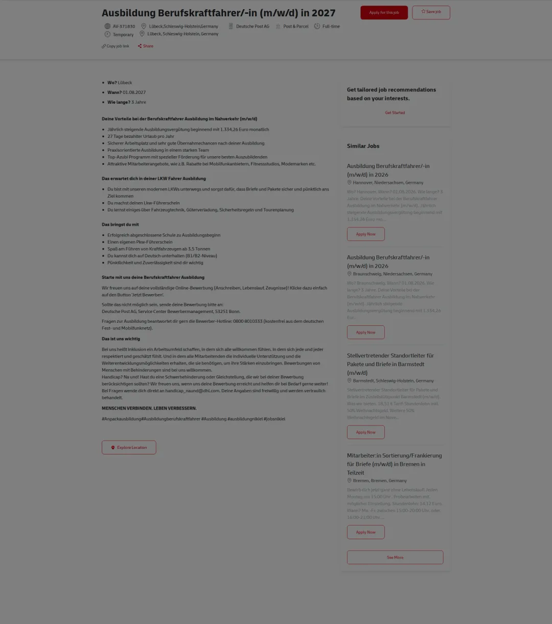DHL Ausbildung Berufskraftfahrer/-in (m/w/d) in 2027 채용공고