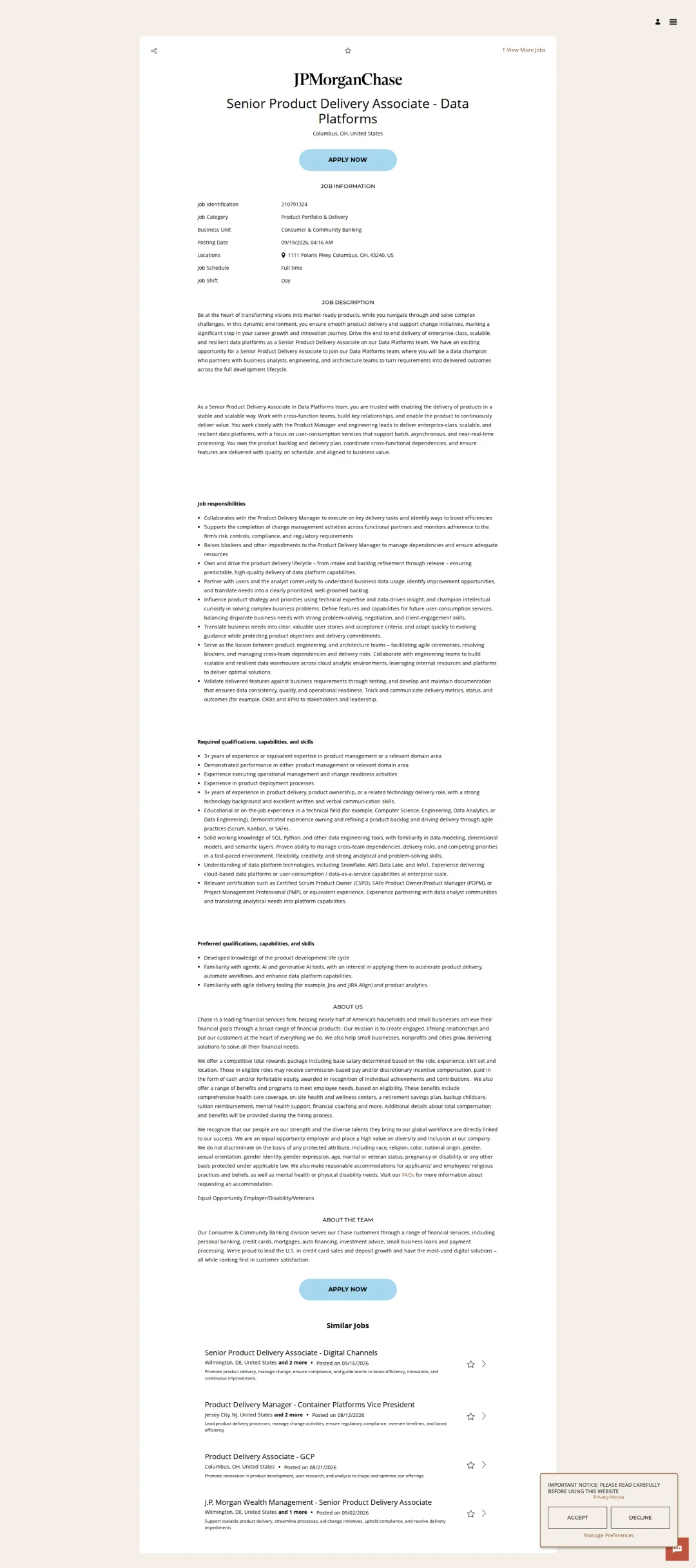 JPMorganChase Senior Product Delivery Associate - Data Platforms 채용공고