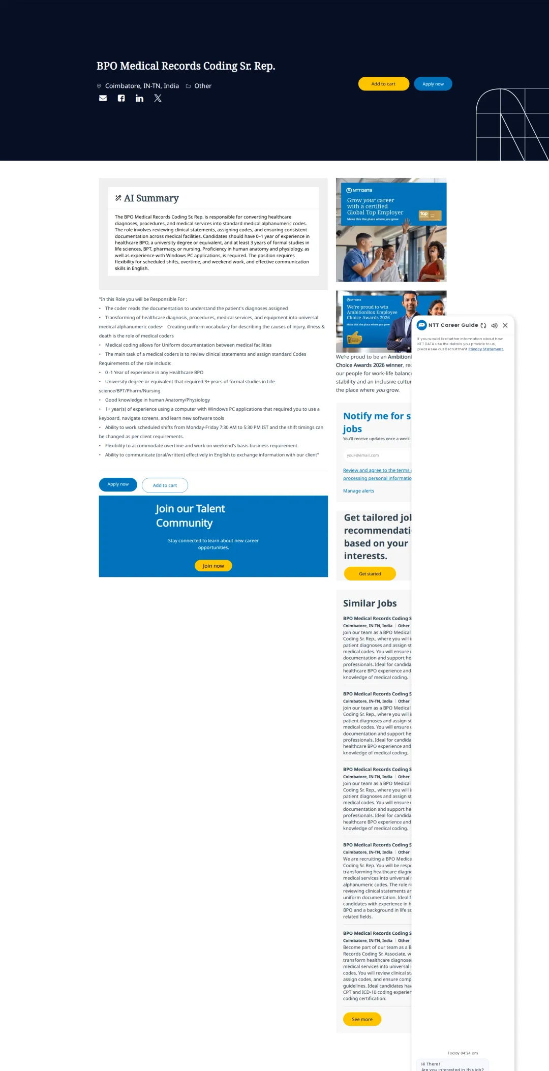 NTT데이터 BPO Medical Records Coding Sr. Rep. 채용공고
