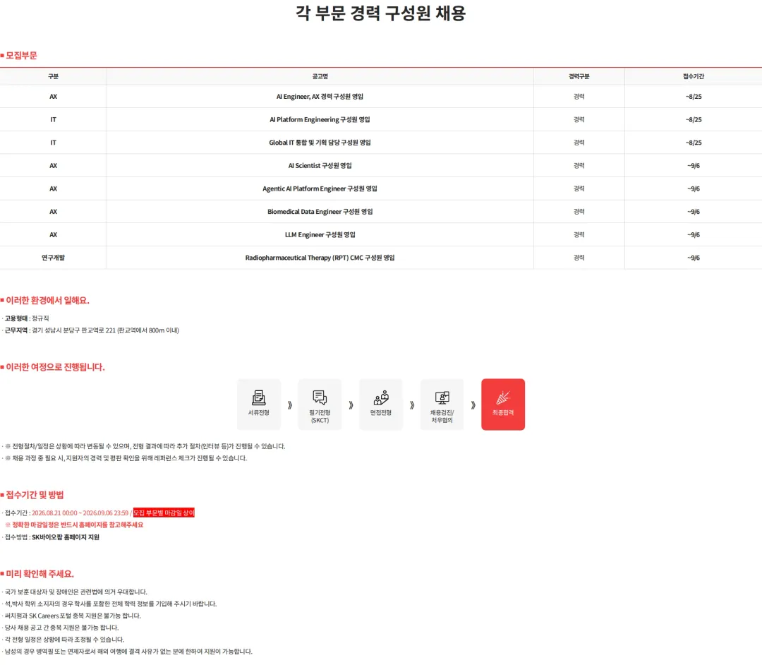 SK바이오팜 각 부문 경력 구성원 채용 채용공고