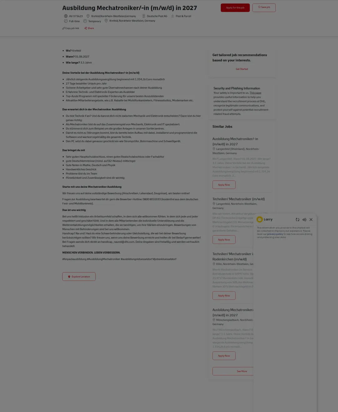 DHL Ausbildung Mechatroniker/-in (m/w/d) in 2027 채용공고