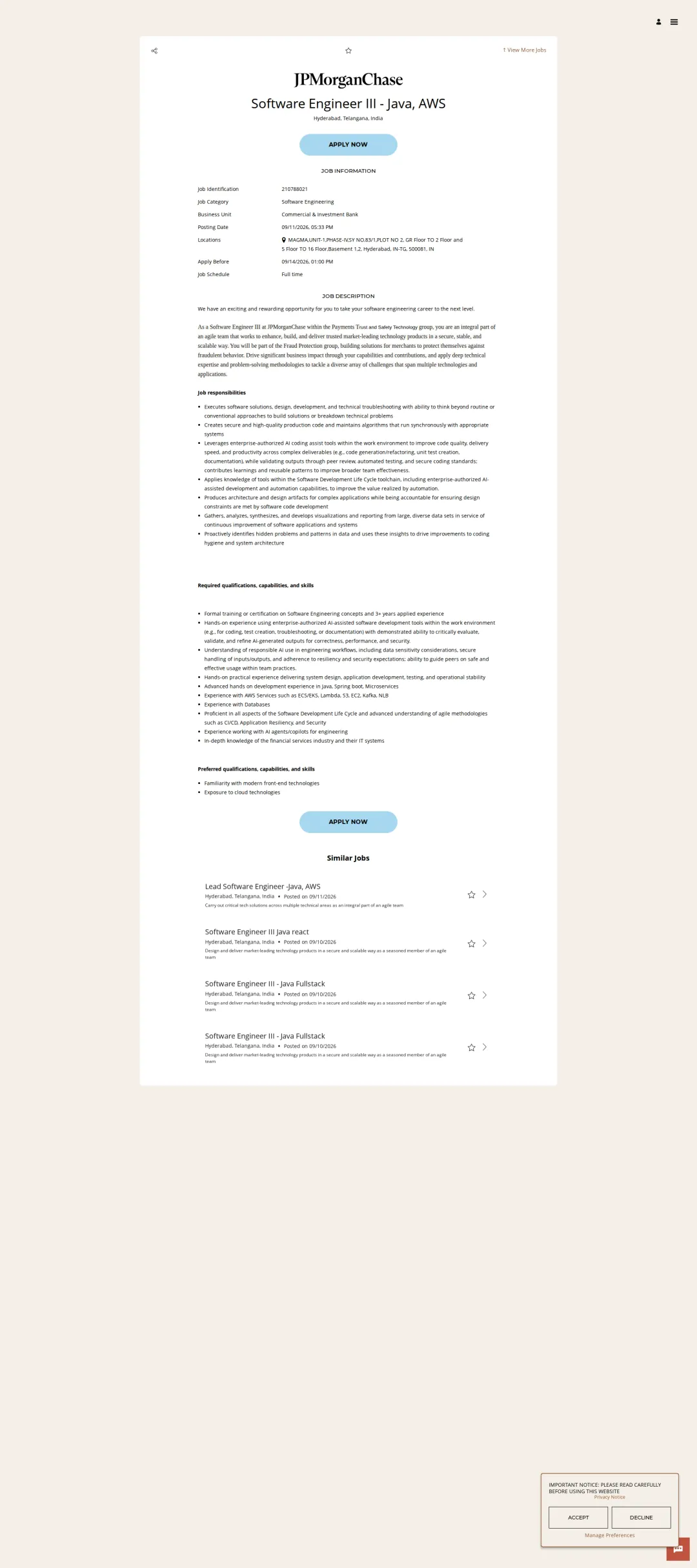 JPMorganChase Software Engineer III - Java, AWS 채용공고