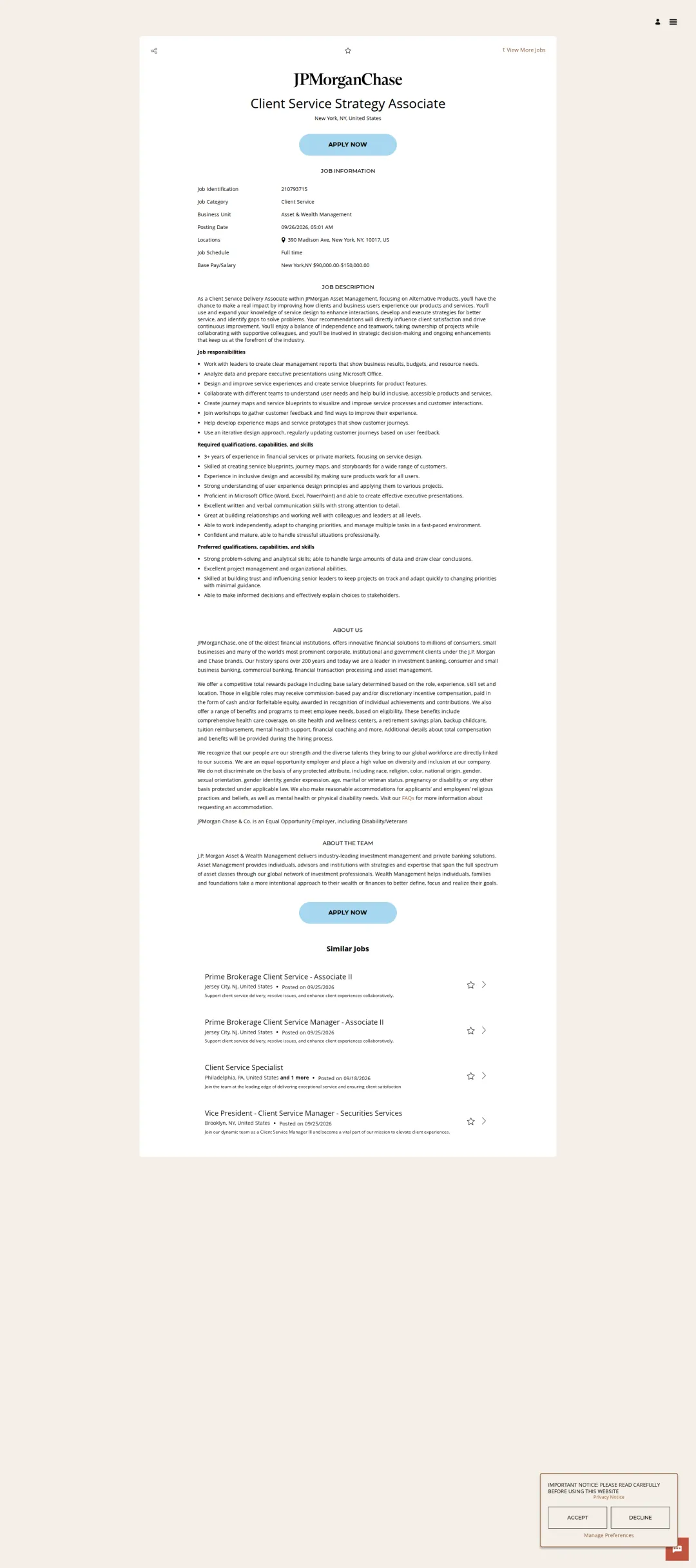 JPMorganChase Client Service Strategy Associate 채용공고