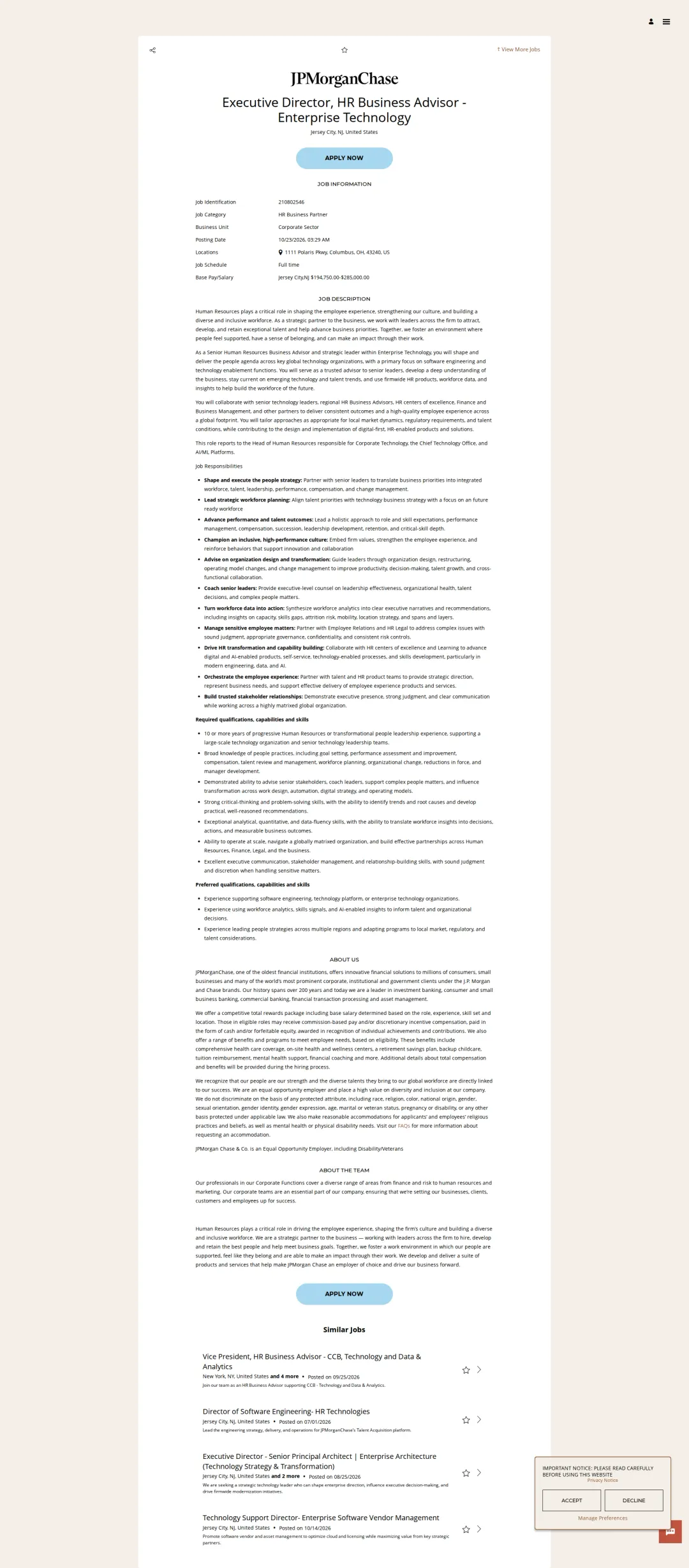 JPMorganChase Executive Director, HR Business Advisor - Enterprise Technology 채용공고