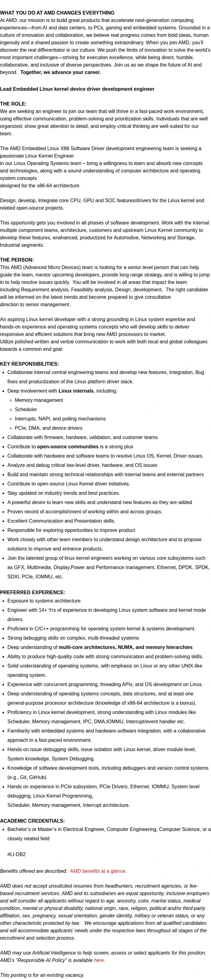 AMD Lead/Sr Lead Embedded Linux kernel device driver development engineer 채용공고