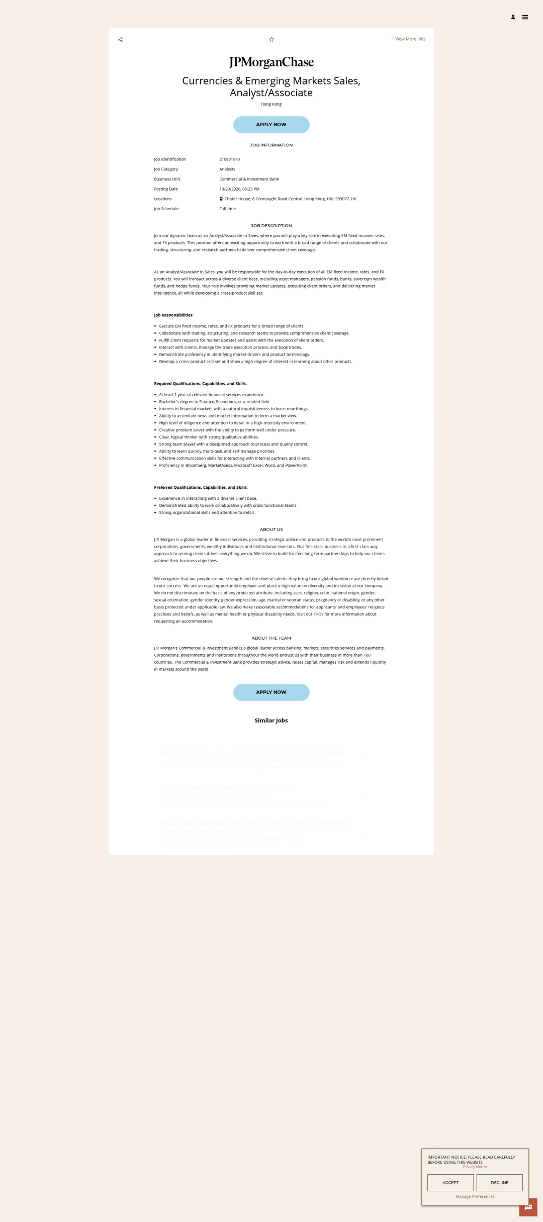 JPMorganChase Currencies & Emerging Markets Sales, Analyst/Associate 채용공고