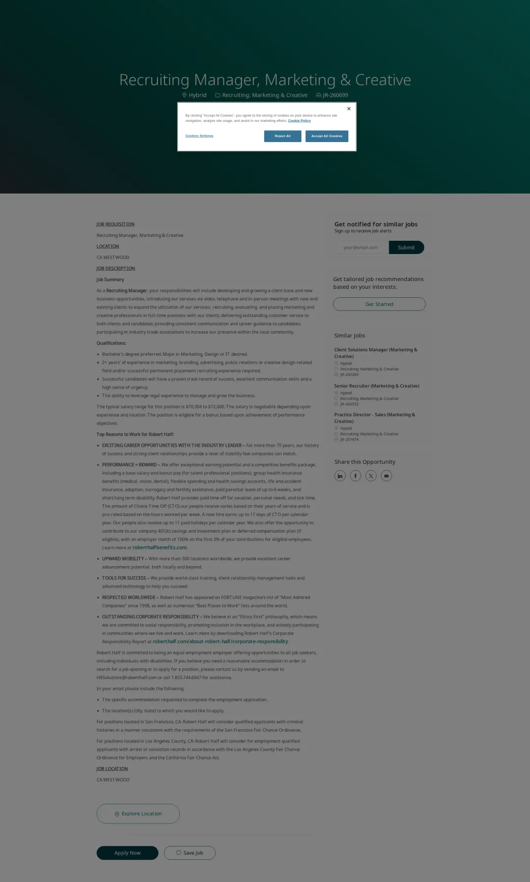 Robert Half Recruiting Manager, Marketing & Creative 채용공고