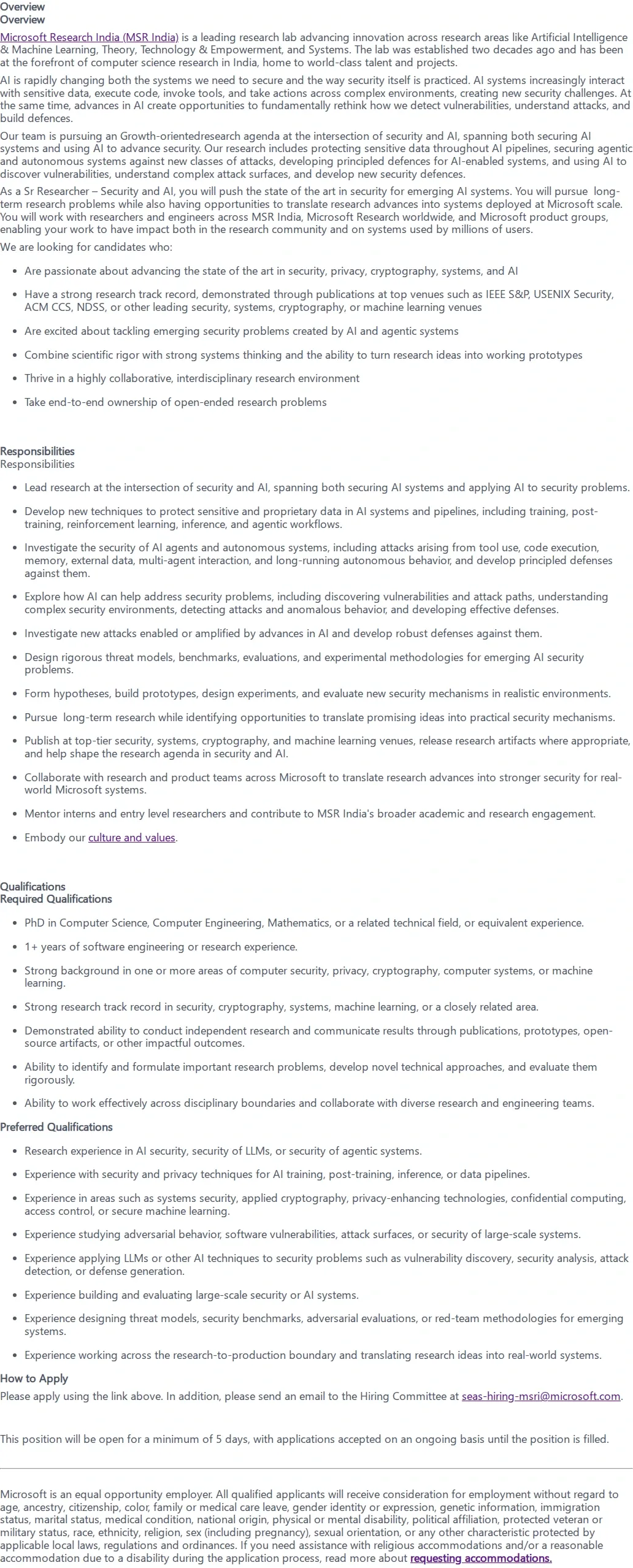 마이크로소프트(Microsoft) Senior Researcher - Security & AI 채용공고