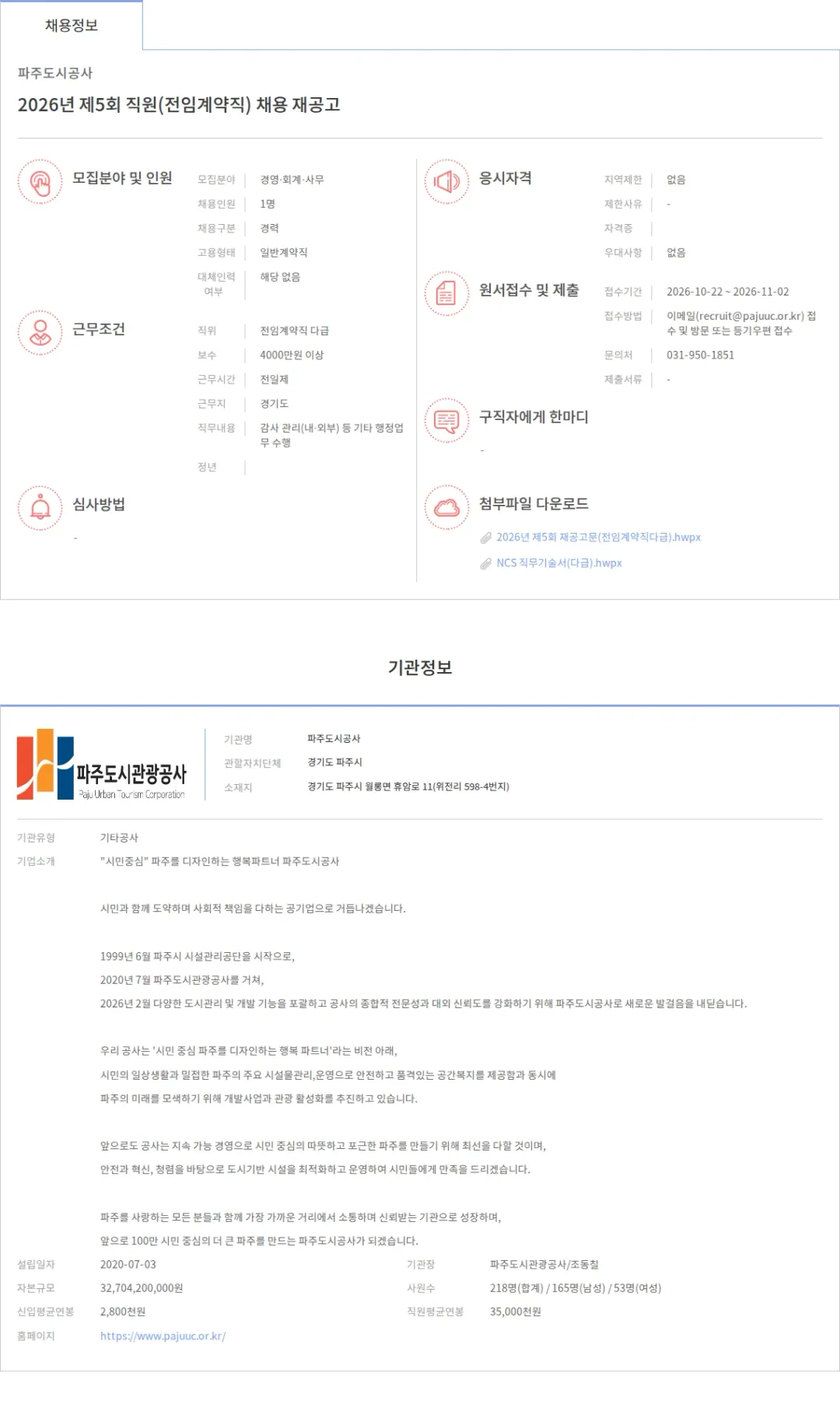 파주도시공사 2026년 제5회 직원(전임계약직) 채용 재공고 채용공고