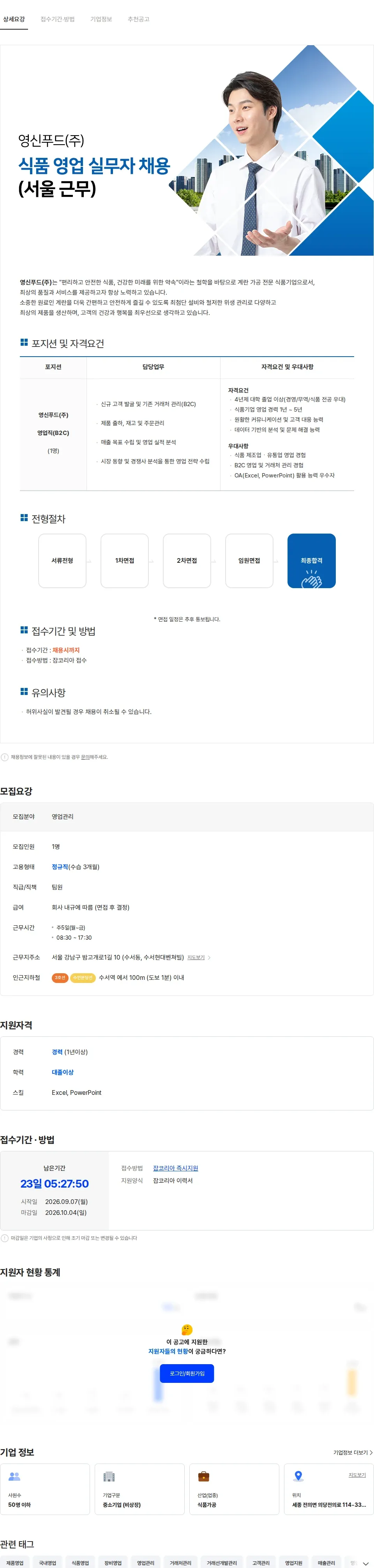 농업회사법인 영신푸드 영신푸드(주) 식품 영업 실무자 채용(서울 근무) 채용공고