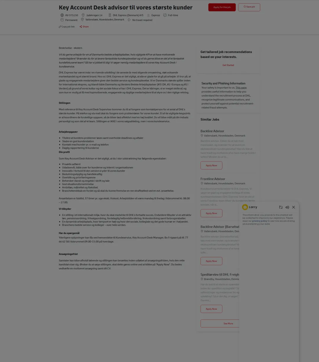 DHL Key Account Desk advisor til vores største kunder 채용공고