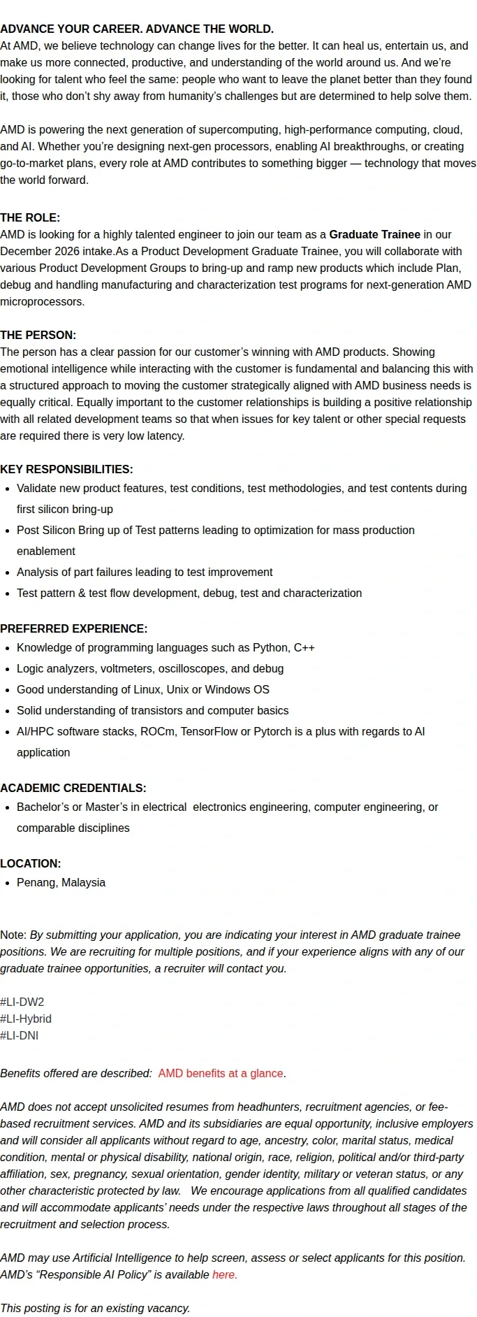 AMD Graduate Trainee - Product Development Engineer (Dec 2026 Intake) 채용공고