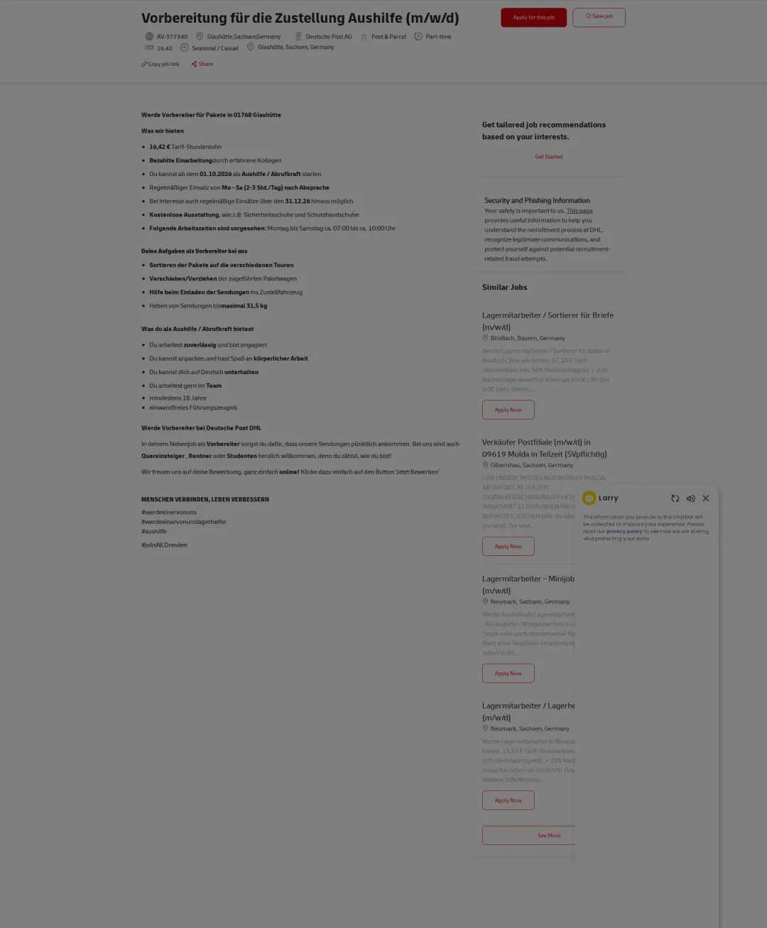 DHL Vorbereitung für die Zustellung Aushilfe (m/w/d) 채용공고
