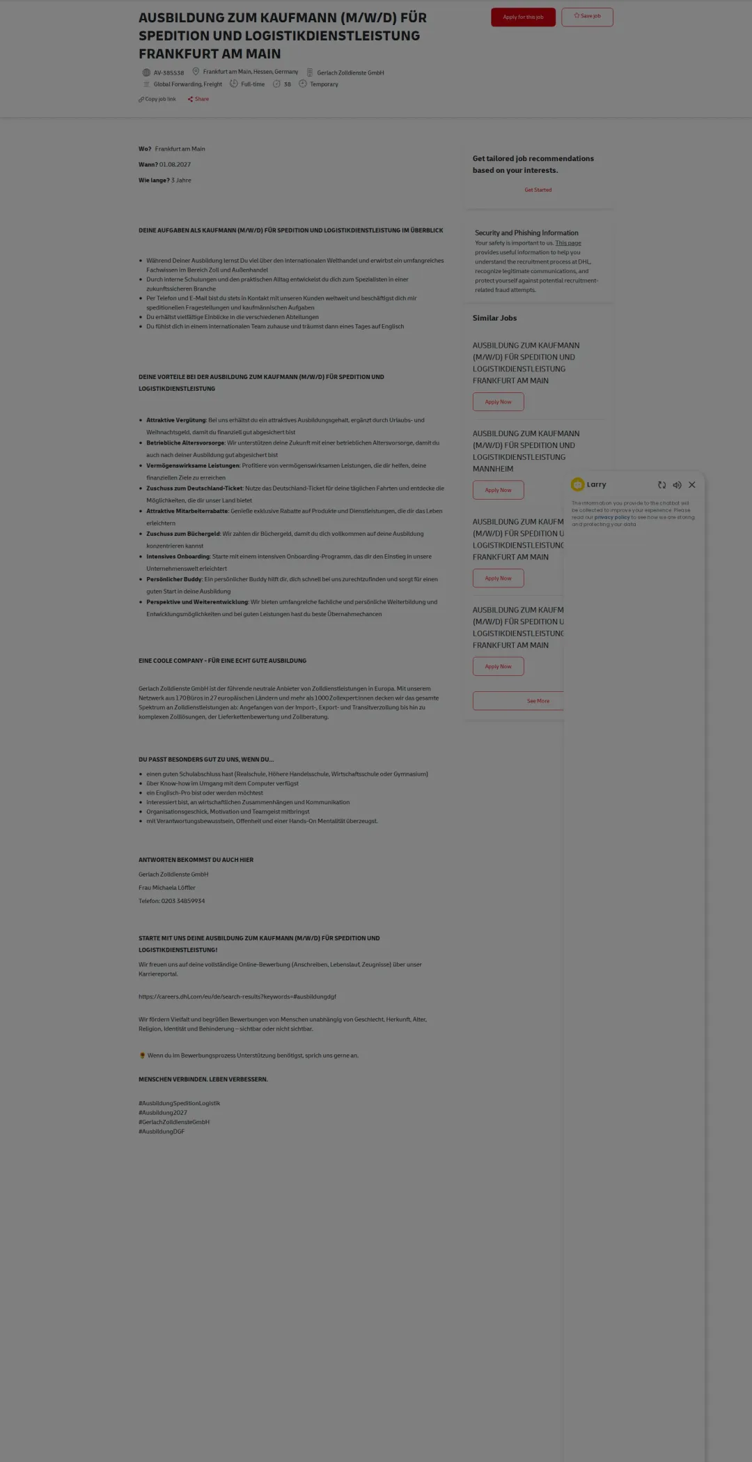 DHL AUSBILDUNG ZUM KAUFMANN (M/W/D) FÜR SPEDITION UND LOGISTIKDIENSTLEISTUNG FRANKFURT AM MAIN 채용공고