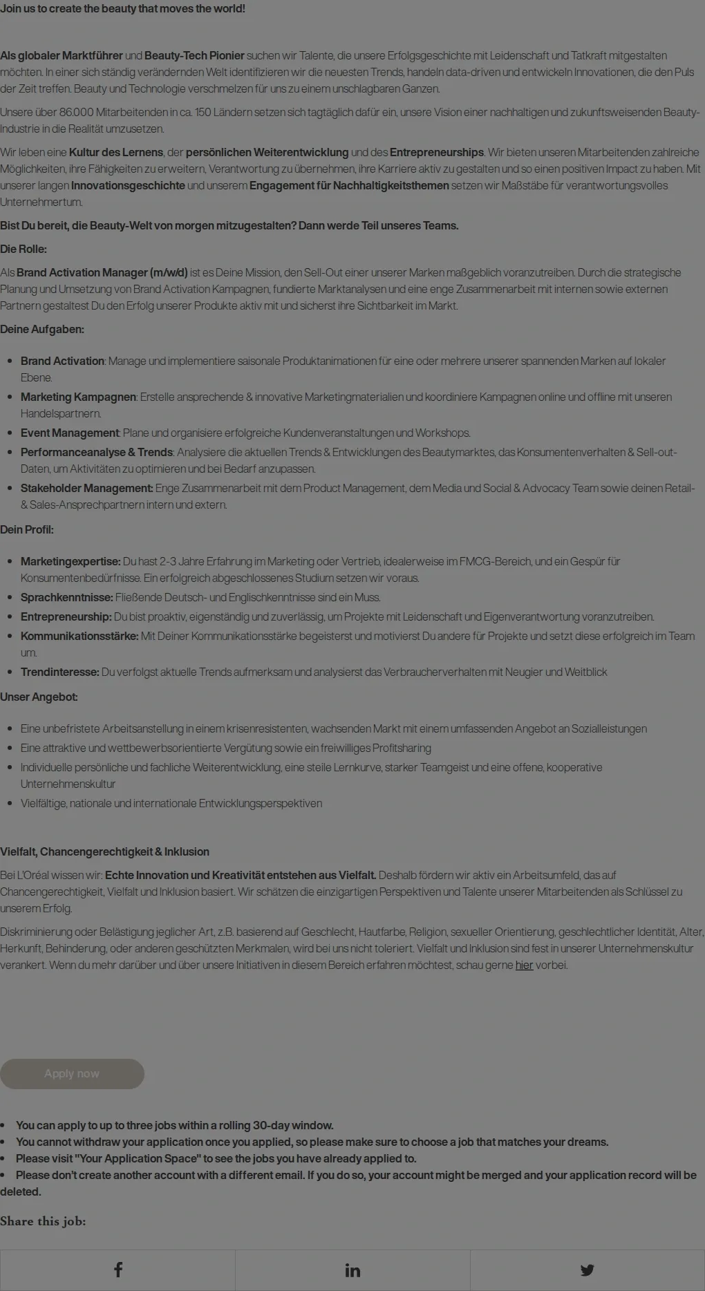 로레알(L'Oreal) Brand Activation Manager (m/w/d) - Düsseldorf 채용공고