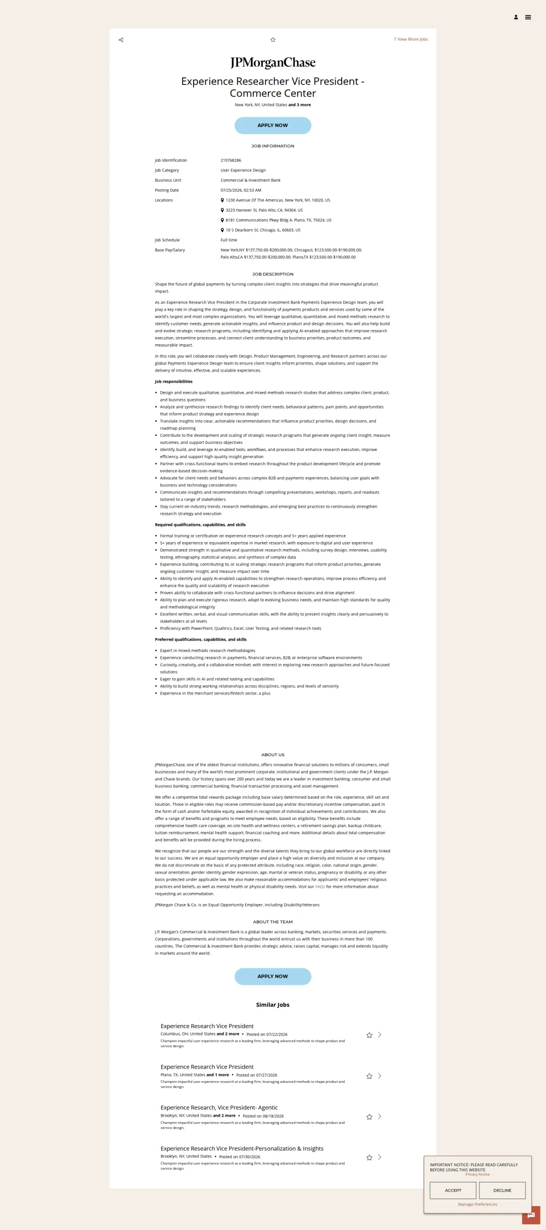 JPMorganChase Experience Researcher Vice President - Commerce Center 채용공고