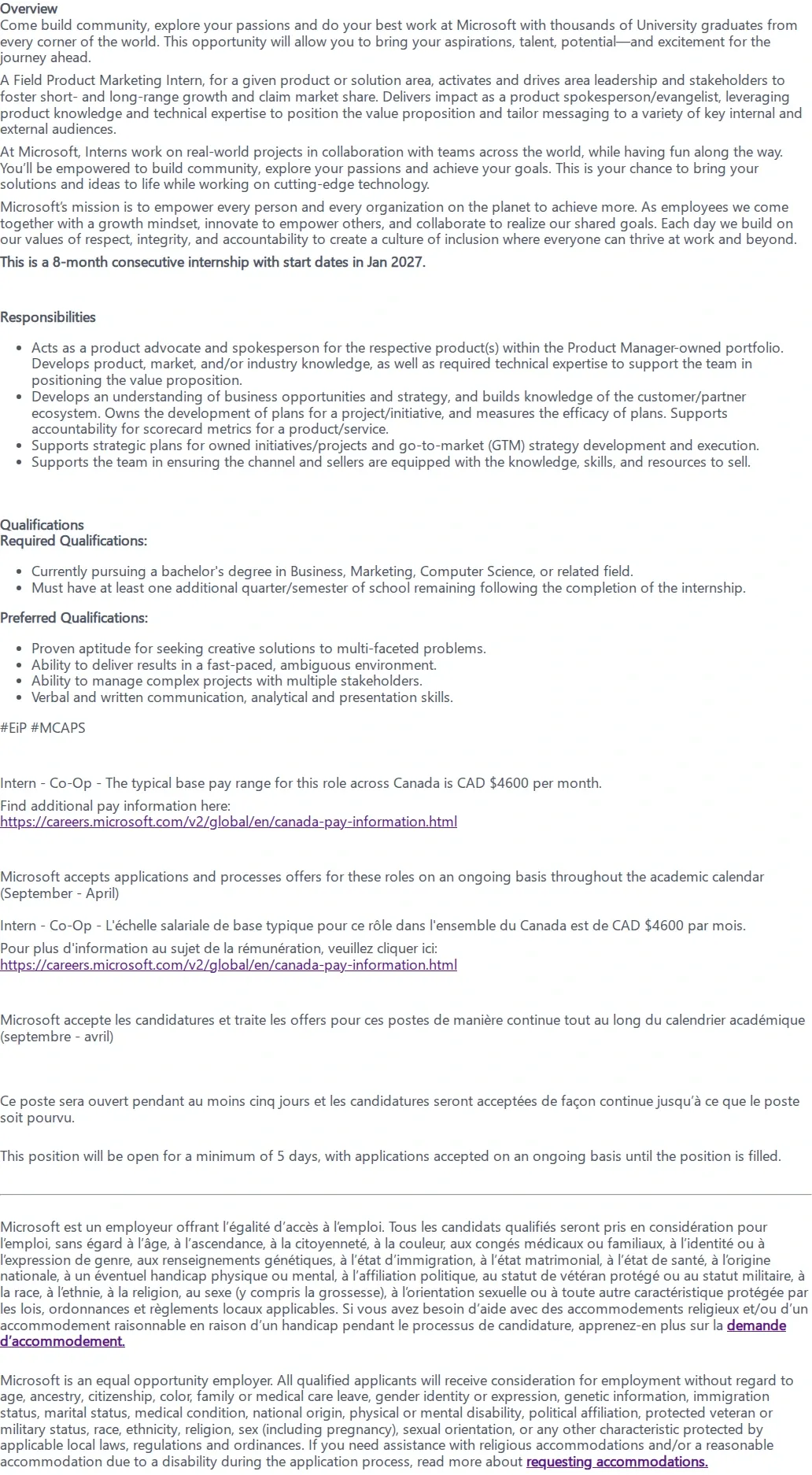 마이크로소프트(Microsoft) Field Product Marketing: Winter Co-Op Internship Opportunities 채용공고