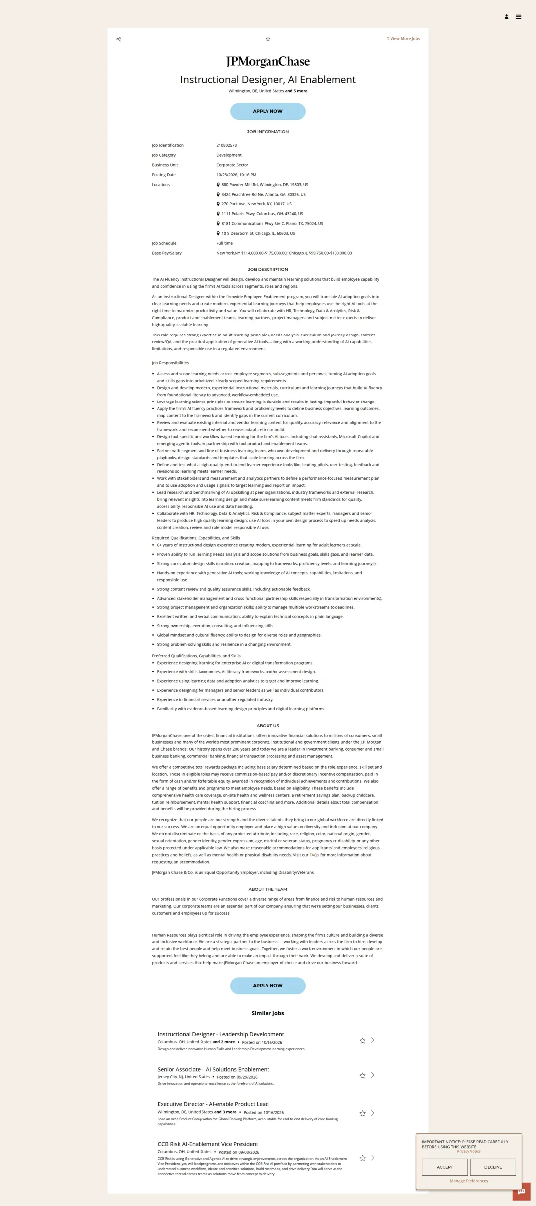 JPMorganChase Instructional Designer, AI Enablement 채용공고