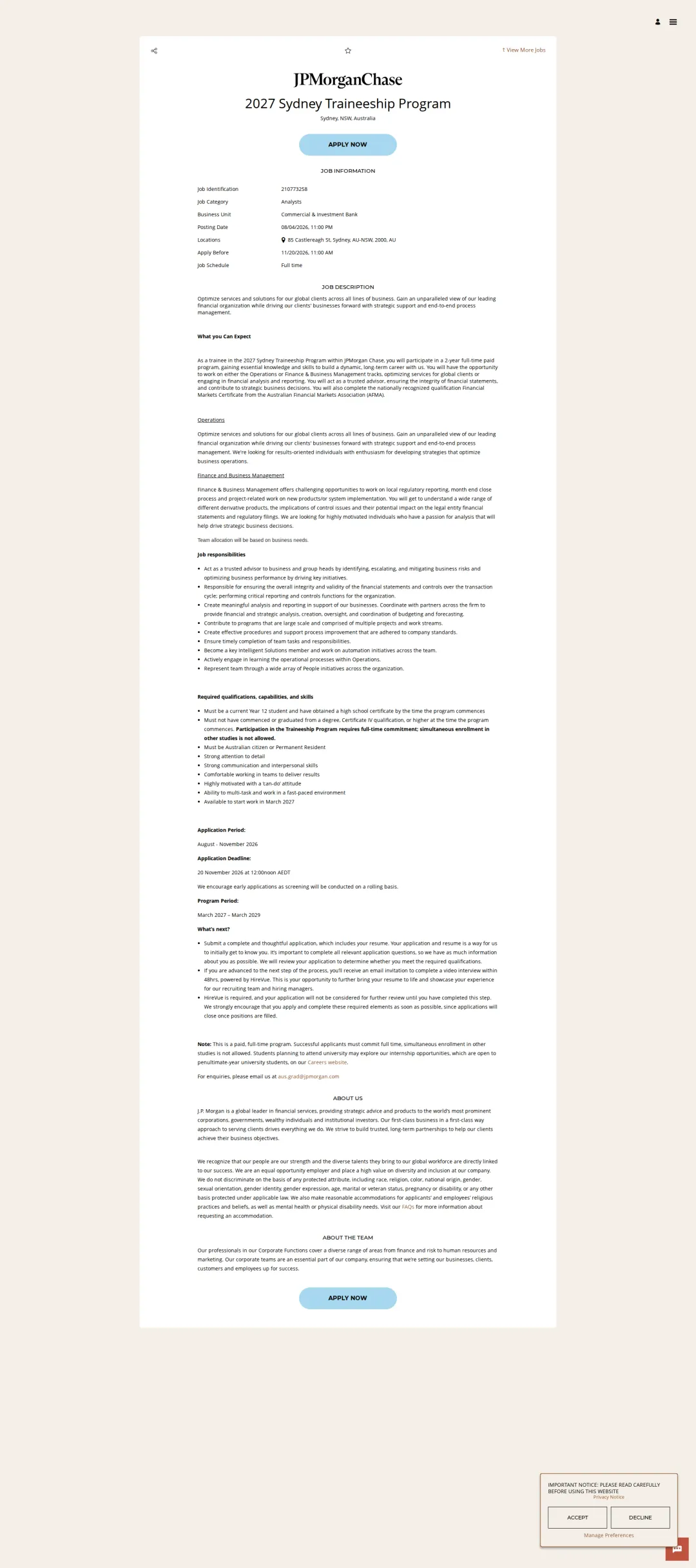 JPMorganChase 2027 Sydney Traineeship Program 채용공고