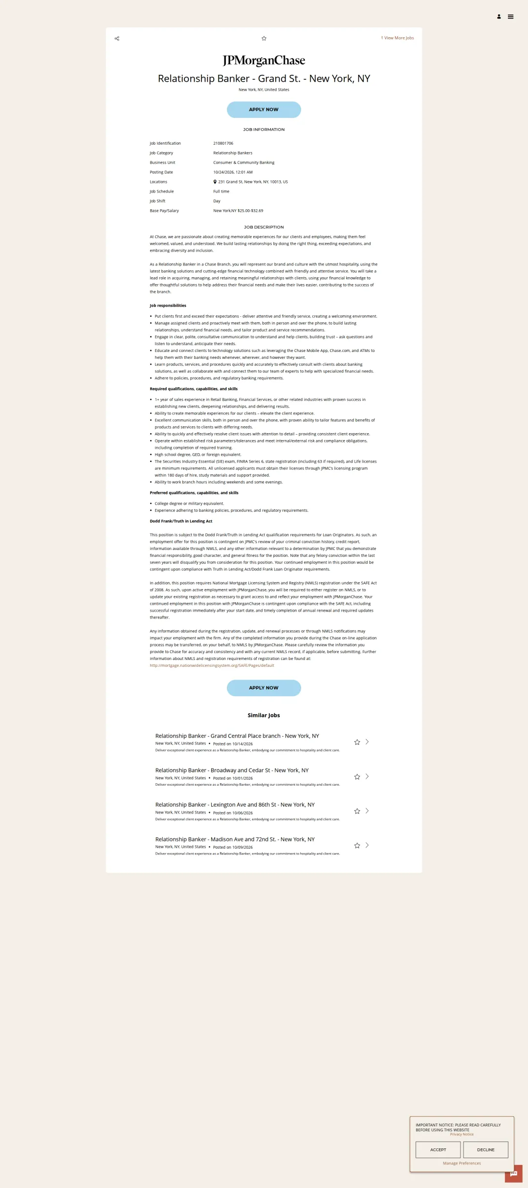 JPMorganChase Relationship Banker - Grand St. - New York, NY 채용공고