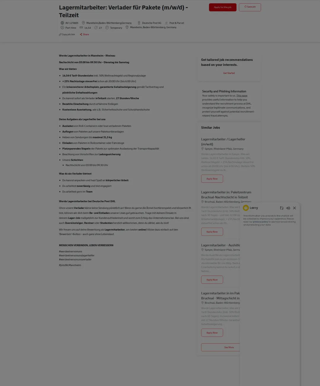 DHL Lagermitarbeiter: Verlader für Pakete (m/w/d) - Teilzeit 채용공고