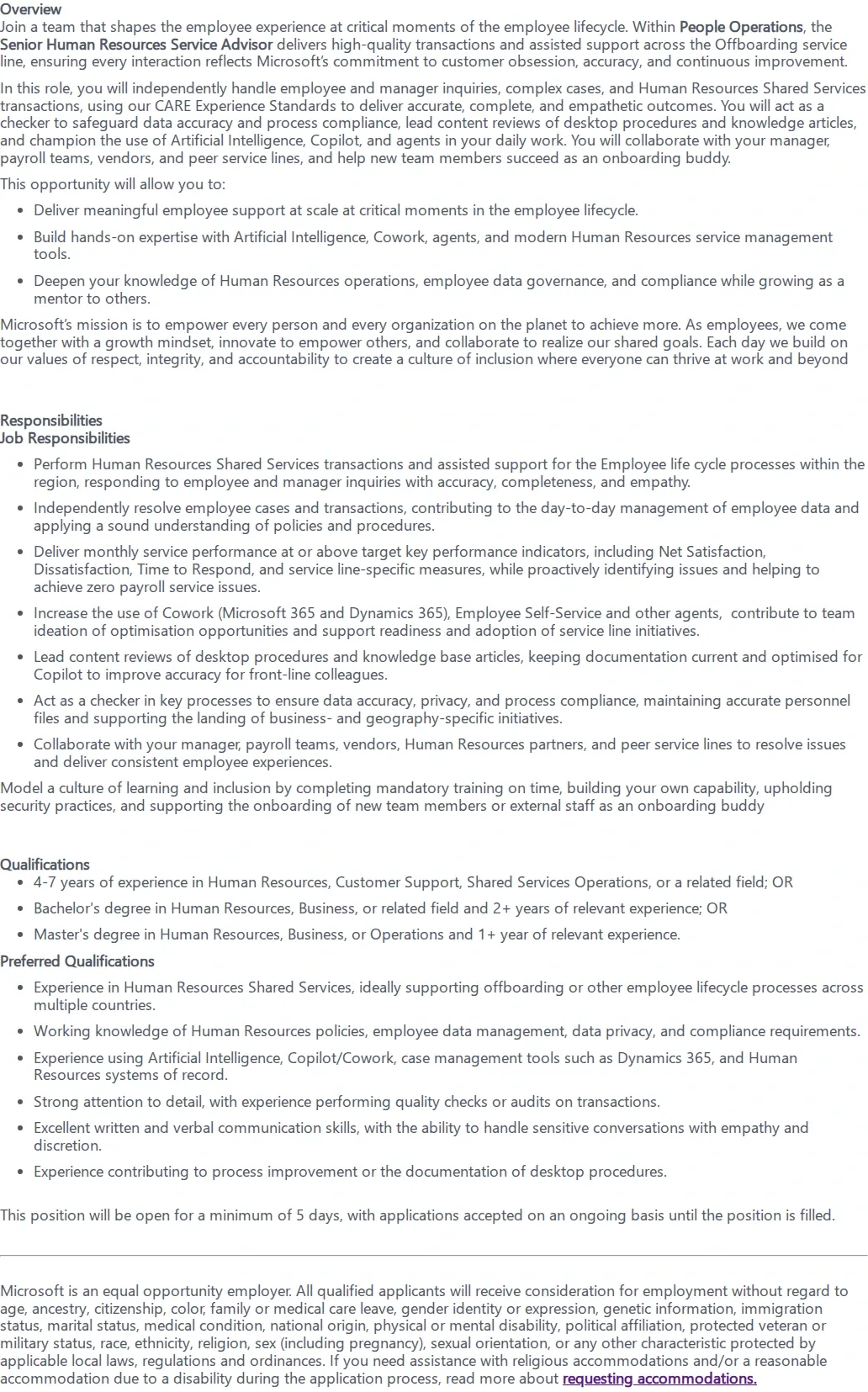 마이크로소프트(Microsoft) HR Shared Services Support IC2 채용공고